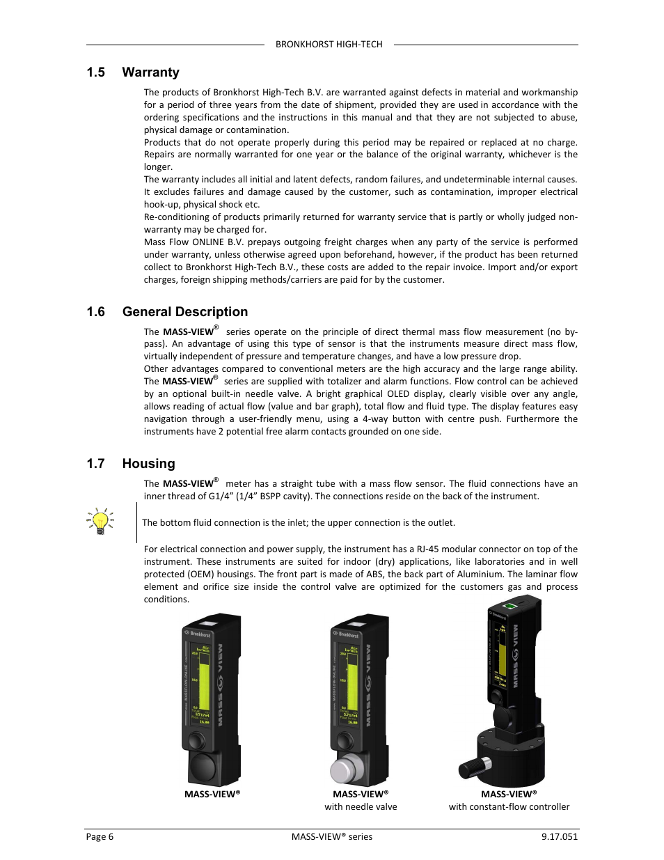 5 warranty, 6 general description, 7 housing | Bronkhorst MASS-VIEW Series User Manual | Page 6 / 20