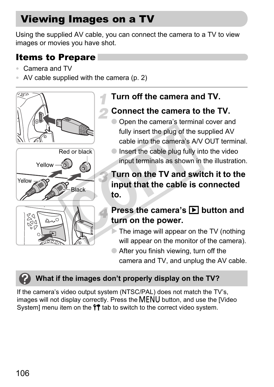 Viewing images on a tv, P. 106, Viewing images on a tv (p. 106) | Cop y | Canon PC1308 User Manual | Page 106 / 163