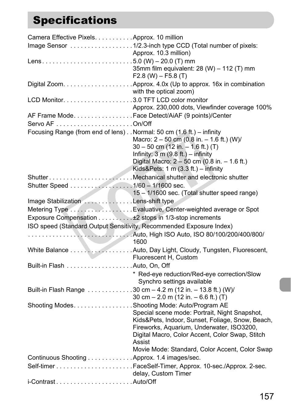 Specifications, P. 157, Cop y | Canon PC1308 User Manual | Page 157 / 163