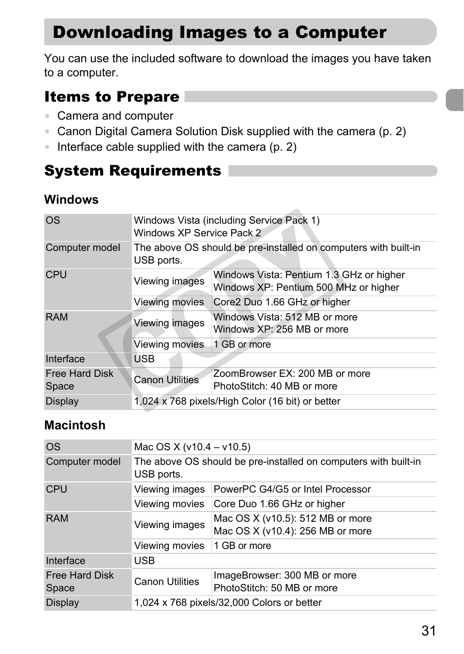 Downloading images to a computer, Cop y | Canon PC1308 User Manual | Page 31 / 163