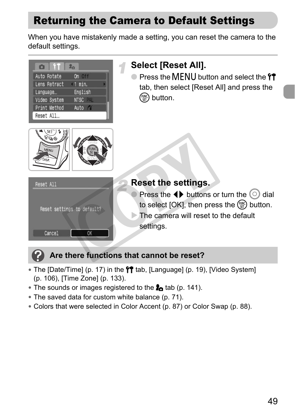 Returning the camera to default settings, Cop y | Canon PC1308 User Manual | Page 49 / 163