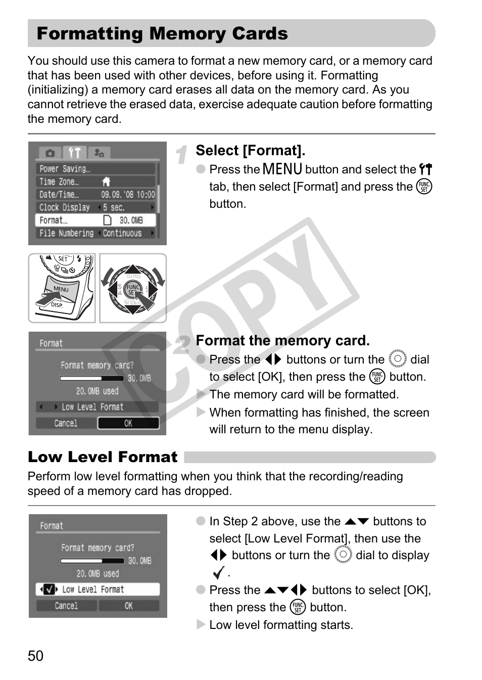 Formatting memory cards, Cop y | Canon PC1308 User Manual | Page 50 / 163