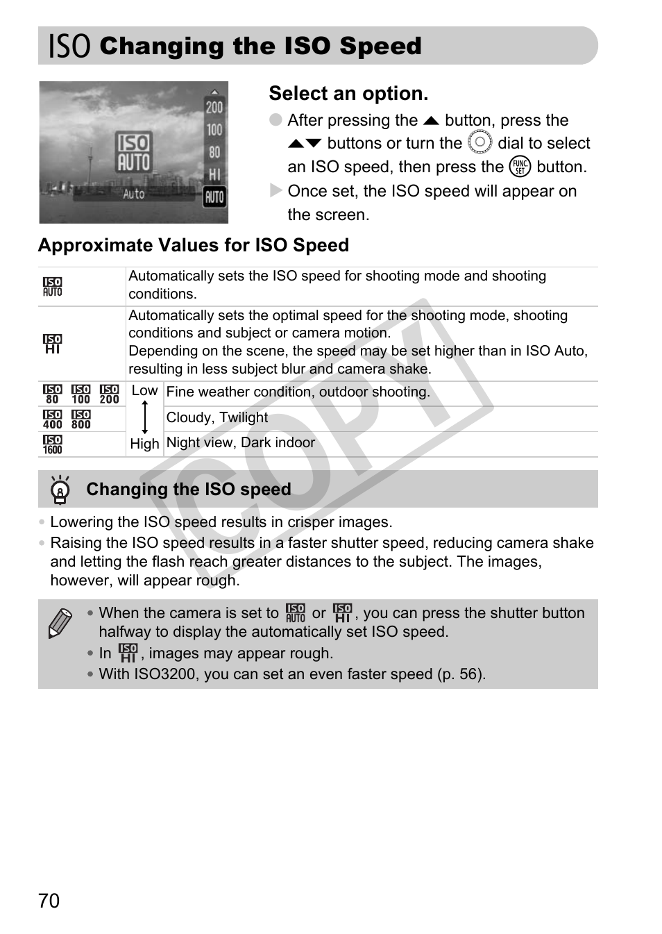 Changing the iso speed, Iso speed (p. 70), Ed (p. 70) | P. 70), Cop y | Canon PC1308 User Manual | Page 70 / 163