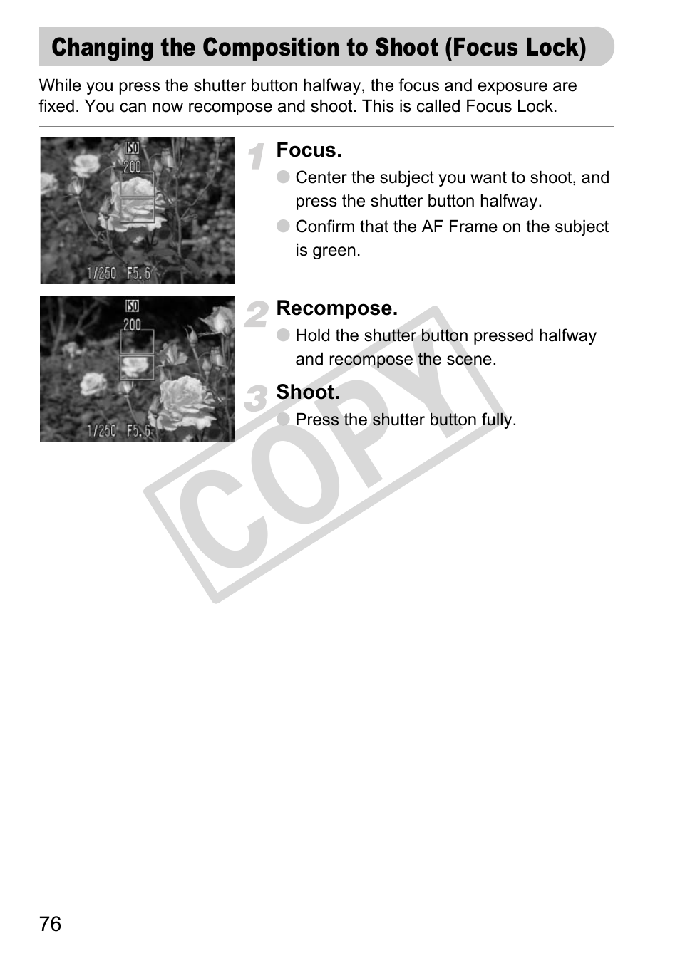 Changing the composition to shoot (focus lock), Cop y | Canon PC1308 User Manual | Page 76 / 163