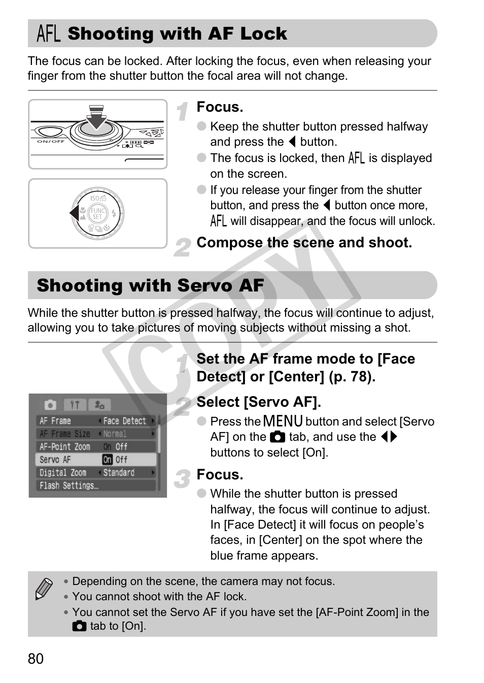 Shooting with af lock shooting with servo af, P. 80), Cop y | Canon PC1308 User Manual | Page 80 / 163