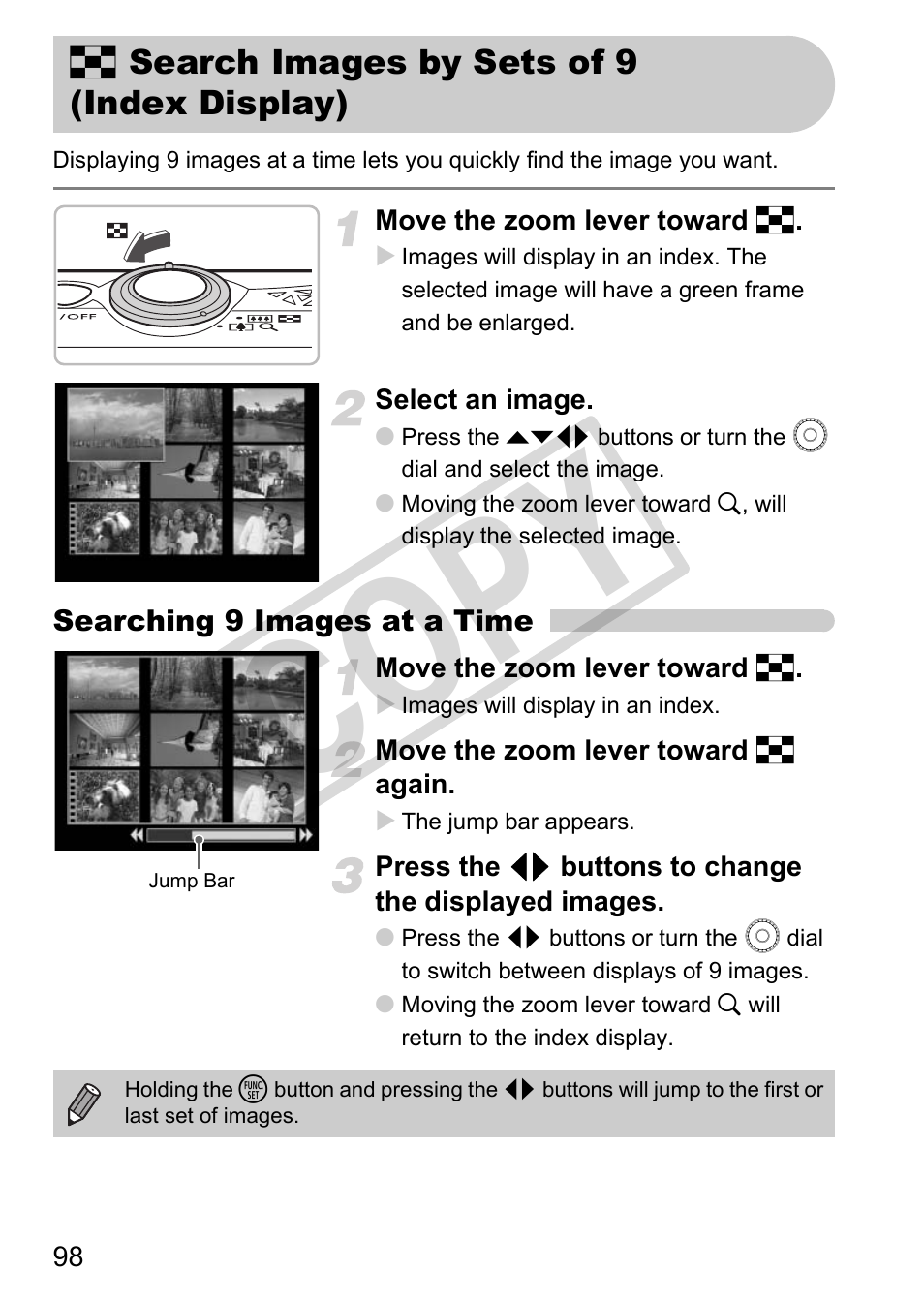 G search images by sets of 9, Index display), P. 98) | Cop y | Canon PC1308 User Manual | Page 98 / 163