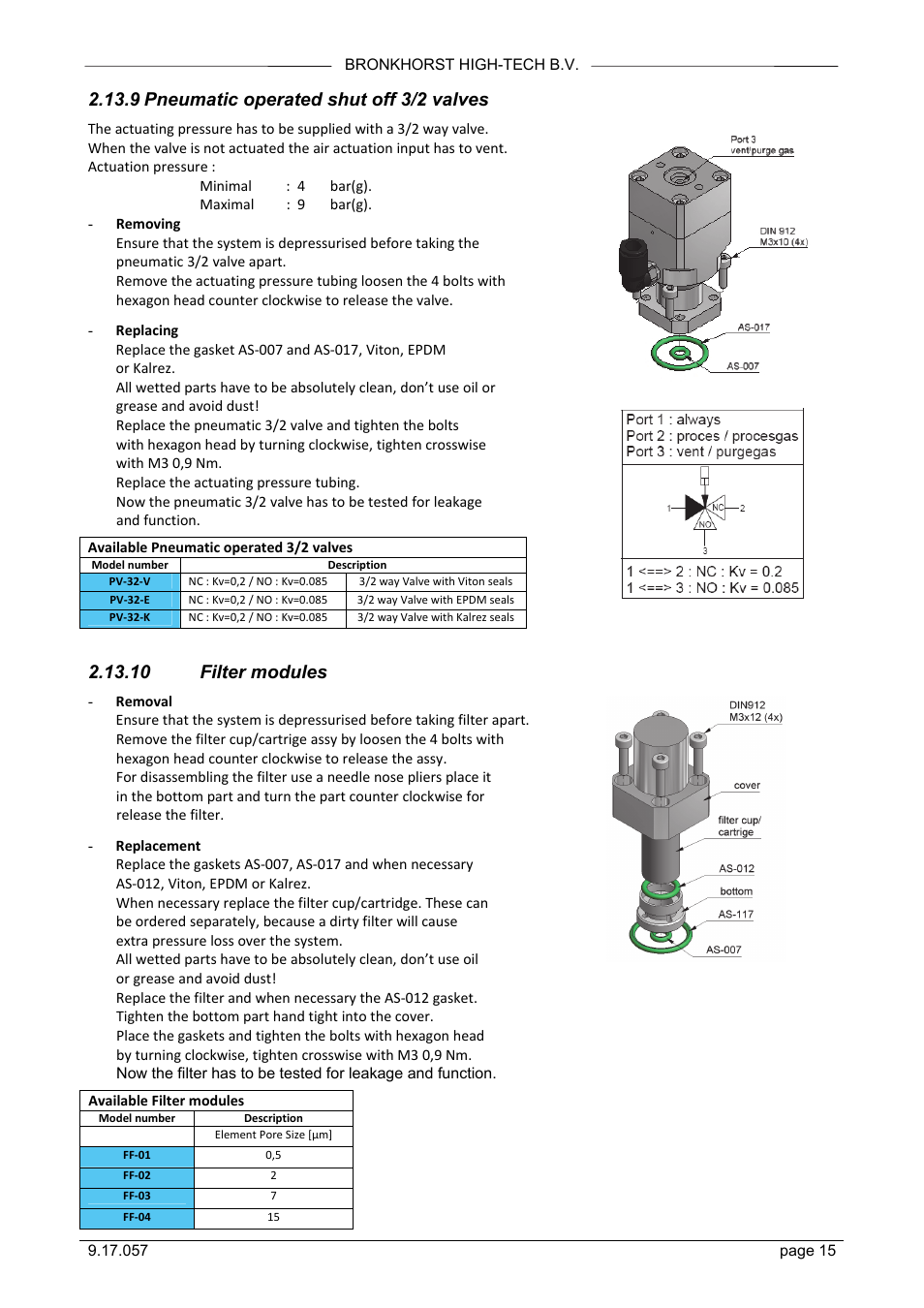 Pneumatic operated shut off 3/2 valves, 10 filter modules, 9 pneumatic operated shut off 3/2 valves | Bronkhorst FLOW-SMS Series User Manual | Page 15 / 26