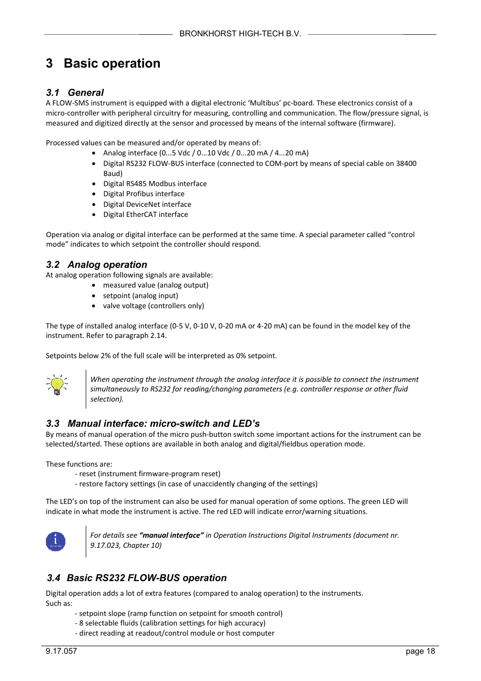 3 basic operation, 1 general, 2 analog operation | 3 manual interface: micro-switch and led’s, 4 basic rs232 flow-bus operation | Bronkhorst FLOW-SMS Series User Manual | Page 18 / 26