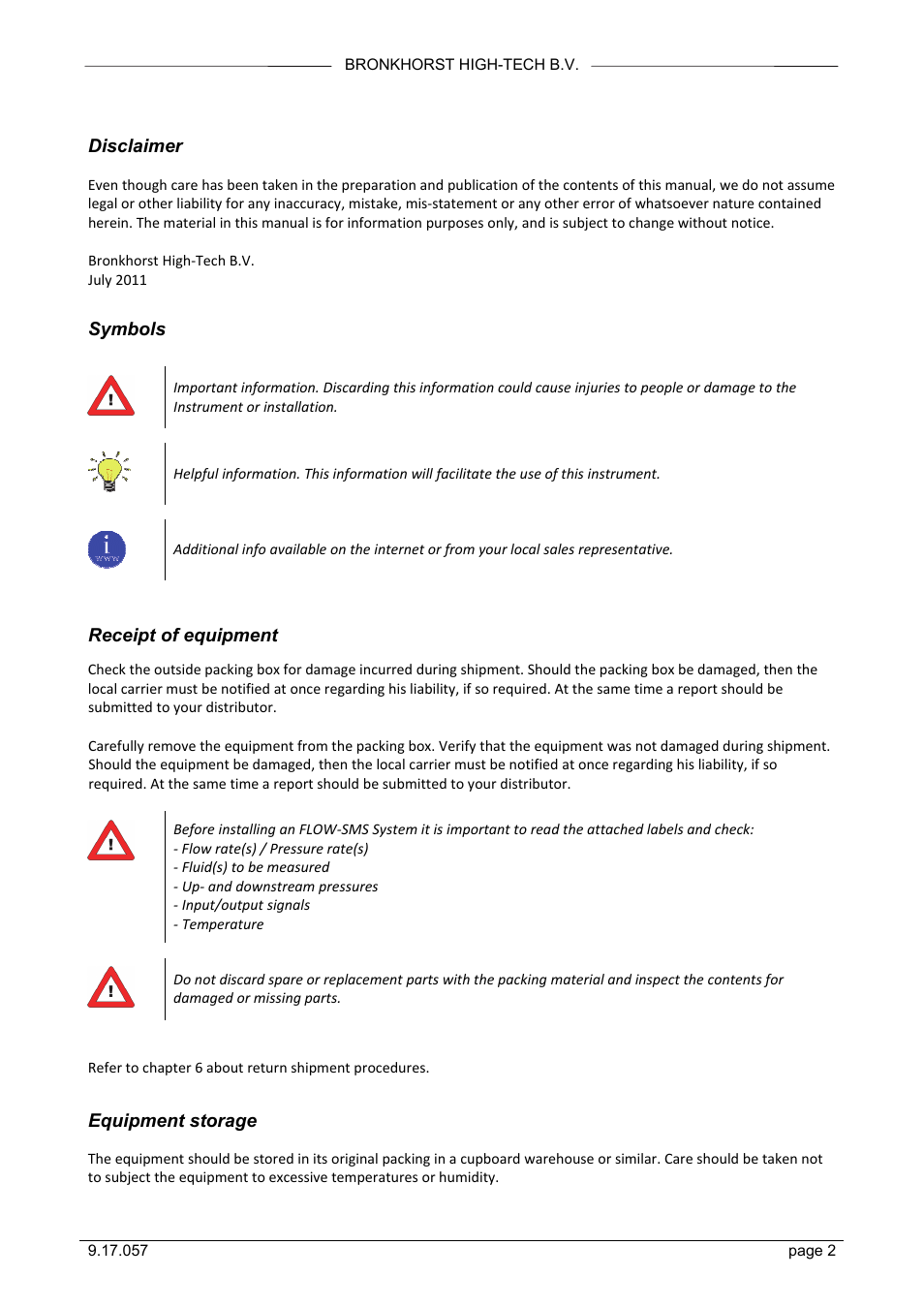 Disclaimer, Symbols, Receipt of equipment | Equipment storage | Bronkhorst FLOW-SMS Series User Manual | Page 2 / 26