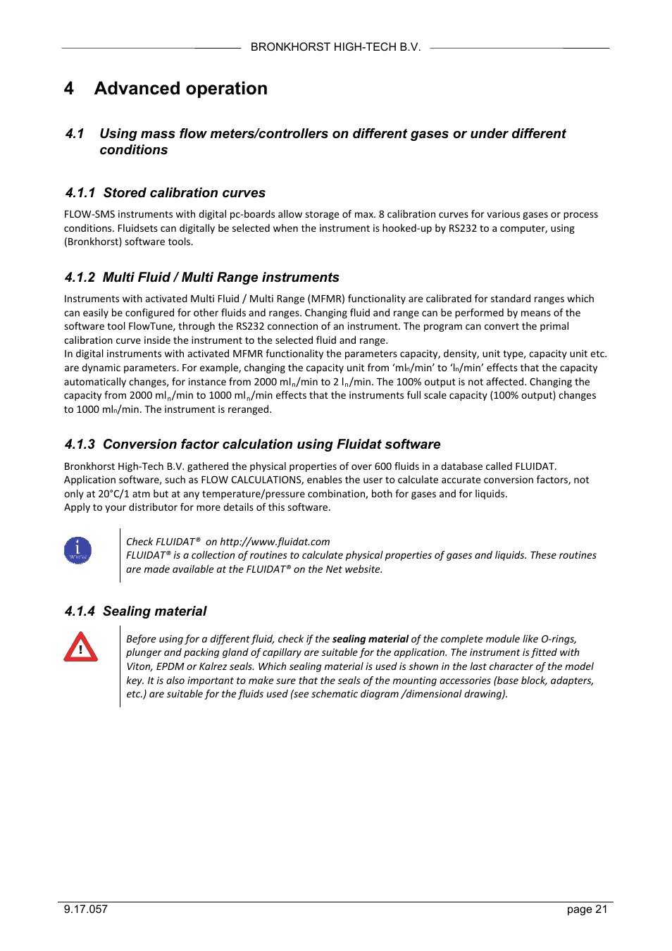 4 advanced operation, 1 stored calibration curves, 2 multi fluid / multi range instruments | 4 sealing material | Bronkhorst FLOW-SMS Series User Manual | Page 21 / 26