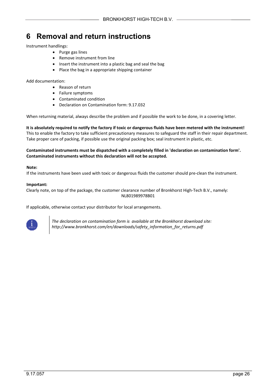 6 removal and return instructions | Bronkhorst FLOW-SMS Series User Manual | Page 26 / 26