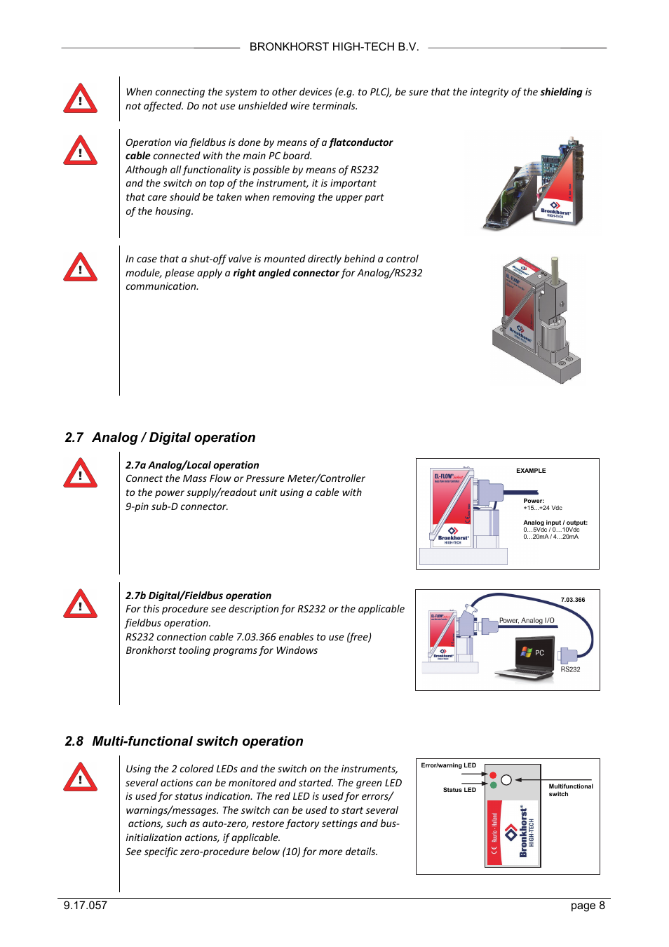 7 analog / digital operation, 8 multi-functional switch operation | Bronkhorst FLOW-SMS Series User Manual | Page 8 / 26