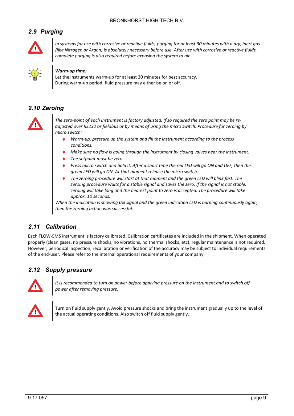 9 purging, 10 zeroing, 11 calibration | 12 supply pressure | Bronkhorst FLOW-SMS Series User Manual | Page 9 / 26