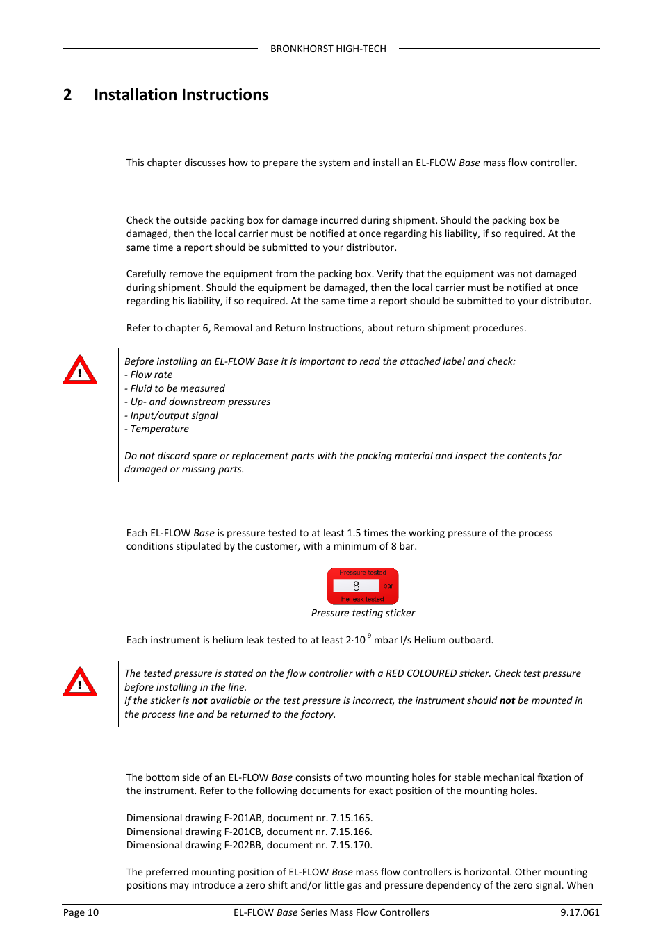 2 installation instructions, 1 introduction, 2 unpacking and inspection | 3 rated pressure test inspection, 4 instrument mounting | Bronkhorst EL-FLOW Base 2014 User Manual | Page 10 / 34