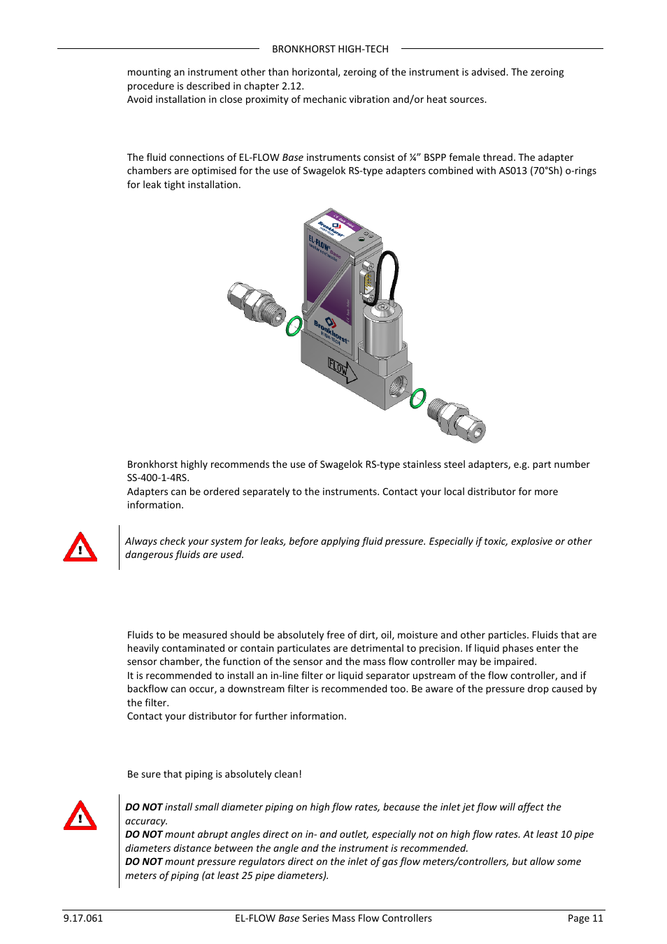 5 fluidic connections, 6 in-line filter usage, 7 piping requirements | Bronkhorst EL-FLOW Base 2014 User Manual | Page 11 / 34