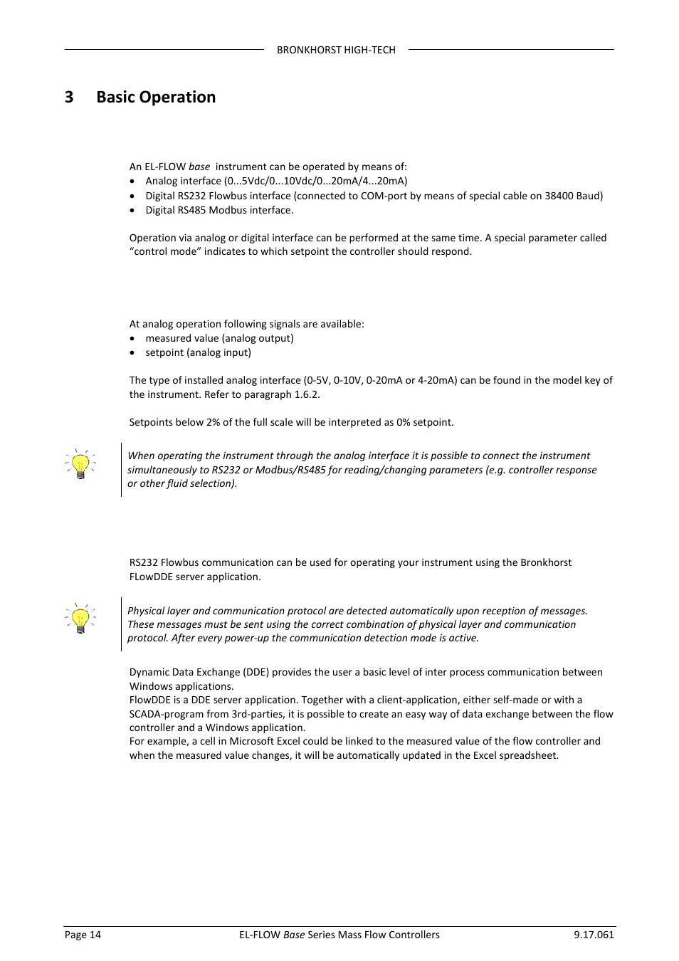 3 basic operation, 1 general, 2 analog operation | 3 basic rs232 flowbus operation | Bronkhorst EL-FLOW Base 2014 User Manual | Page 14 / 34