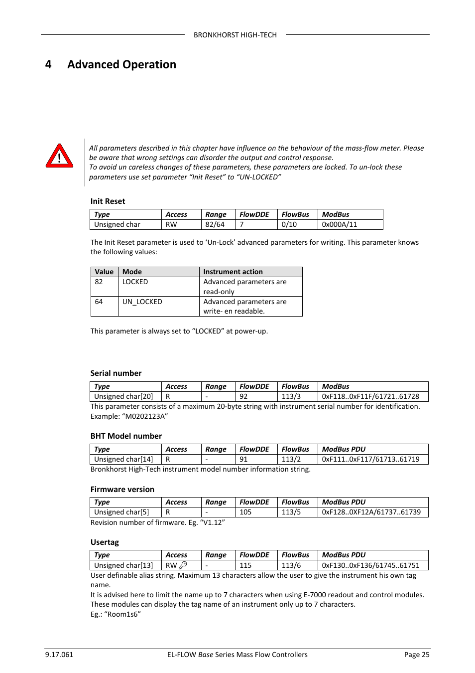 4 advanced operation, 1 reading and changing instrument parameters, 1 introduction | 2 identification | Bronkhorst EL-FLOW Base 2014 User Manual | Page 25 / 34