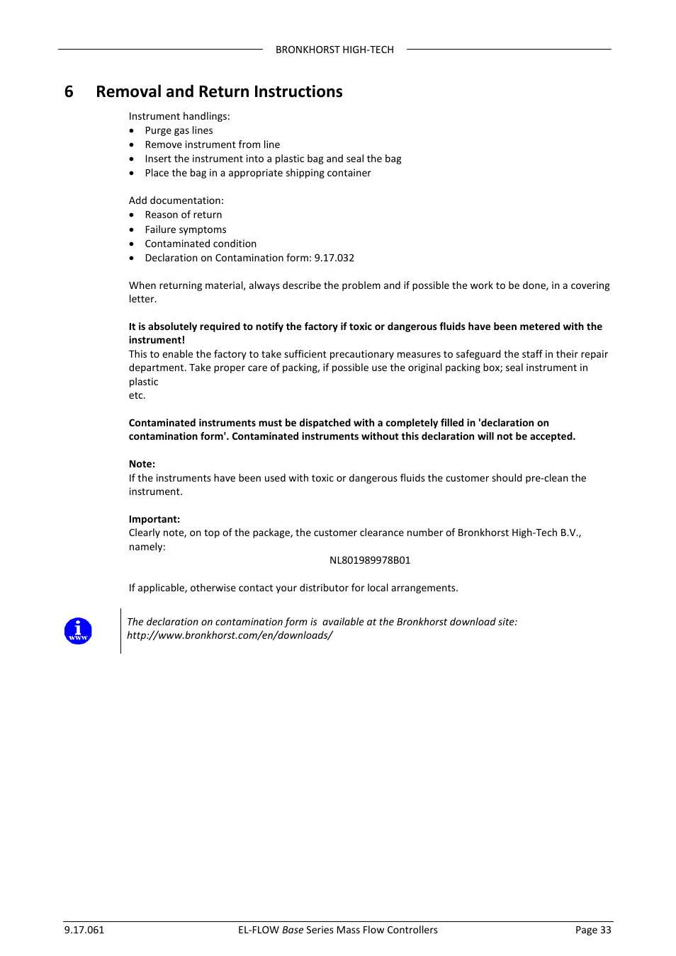 6 removal and return instructions | Bronkhorst EL-FLOW Base 2014 User Manual | Page 33 / 34