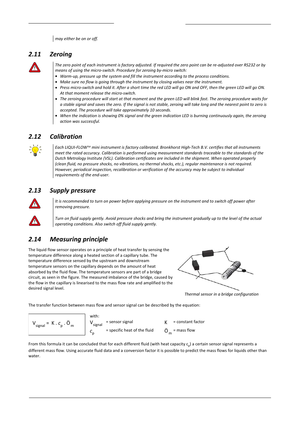 11 zeroing, 12 calibration, 13 supply pressure | 14 measuring principle, Zeroing, Calibration, Supply pressure, Measuring principle | Bronkhorst LIQUI-FLOW mini (from 01-07-2013) User Manual | Page 10 / 29