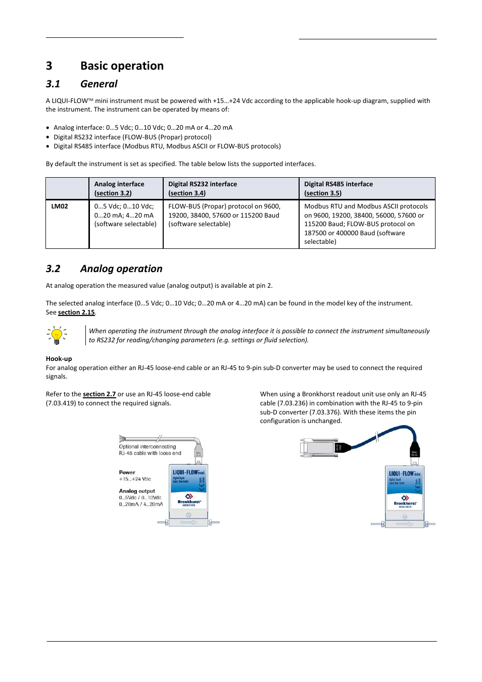 3 basic operation, 1 general, 2 analog operation | Basic operation, General, Analog operation, 3basic operation | Bronkhorst LIQUI-FLOW mini (from 01-07-2013) User Manual | Page 12 / 29