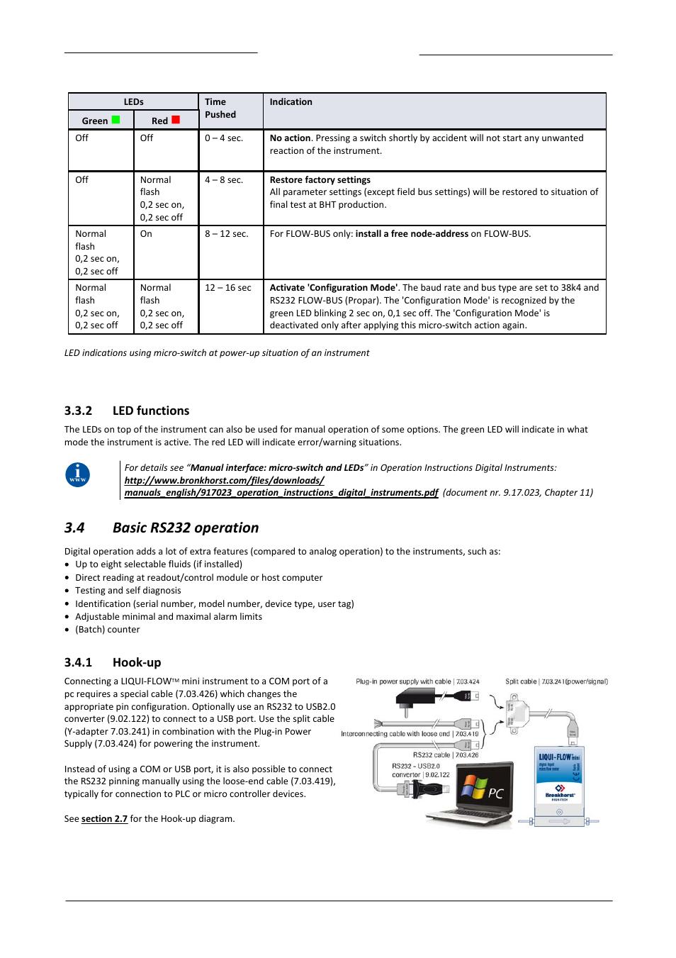 2 led functions, 4 basic rs232 operation, 1 hook-up | Led functions, Basic rs232 operation, Hook-up, Section 3.4, Section 3.3.2 | Bronkhorst LIQUI-FLOW mini (from 01-07-2013) User Manual | Page 14 / 29