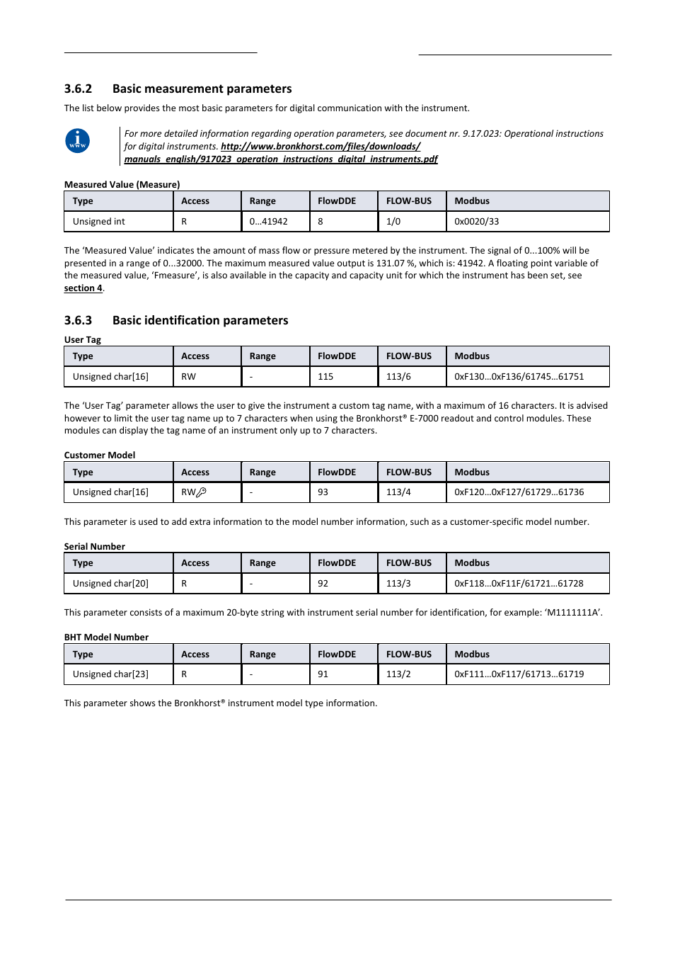 2 basic measurement parameters, 3 basic identification parameters, Basic measurement parameters | Basic identification parameters | Bronkhorst LIQUI-FLOW mini (from 01-07-2013) User Manual | Page 19 / 29