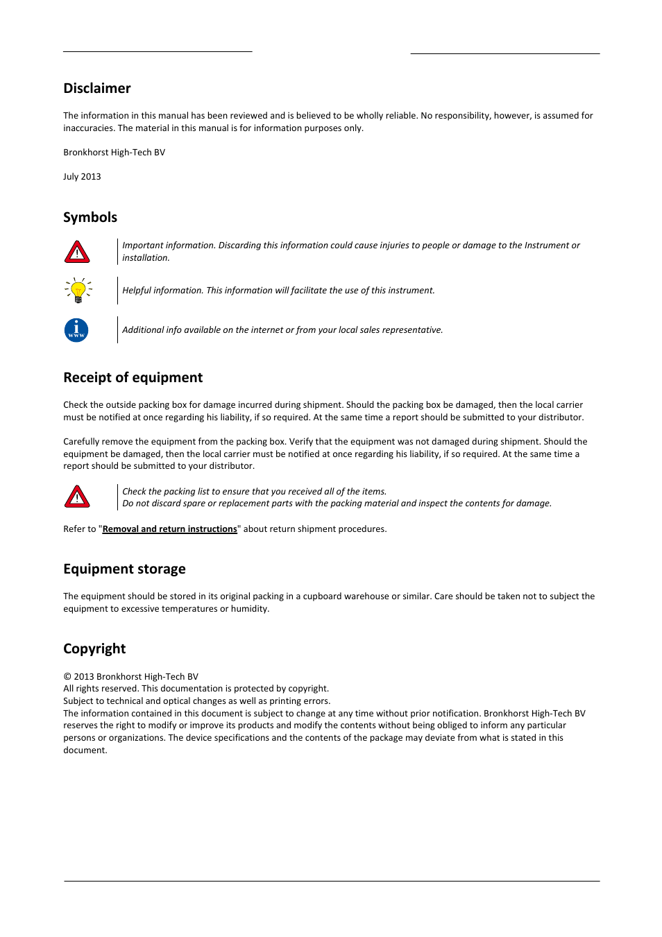 Disclaimer, Symbols, Receipt of equipment | Equipment storage, Copyright | Bronkhorst LIQUI-FLOW mini (from 01-07-2013) User Manual | Page 2 / 29