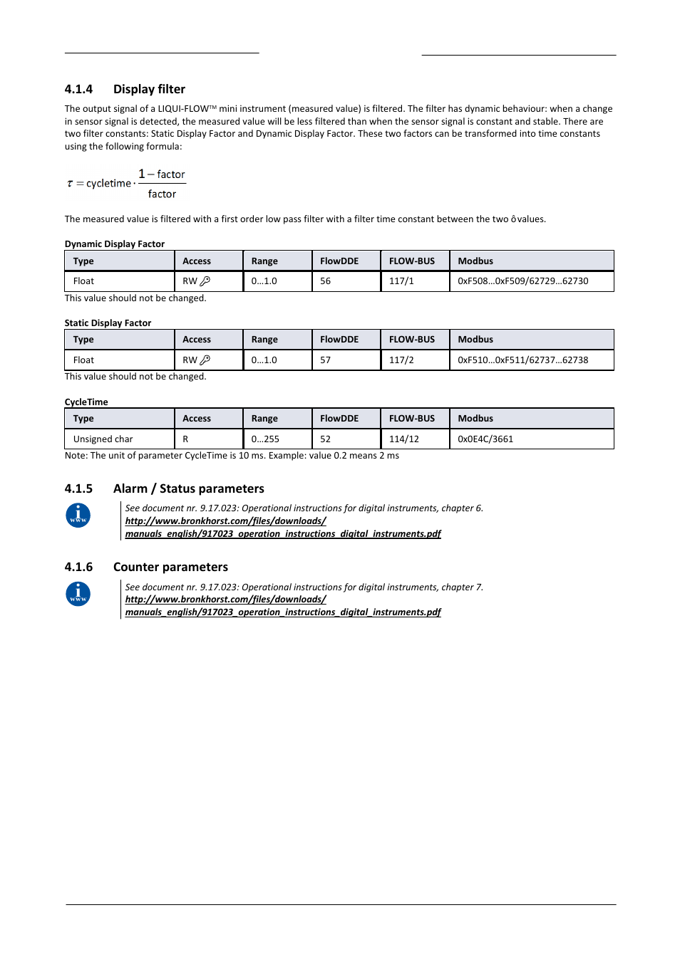 4 display filter, 5 alarm / status parameters, 6 counter parameters | Display filter, Alarm / status parameters, Counter parameters | Bronkhorst LIQUI-FLOW mini (from 01-07-2013) User Manual | Page 23 / 29