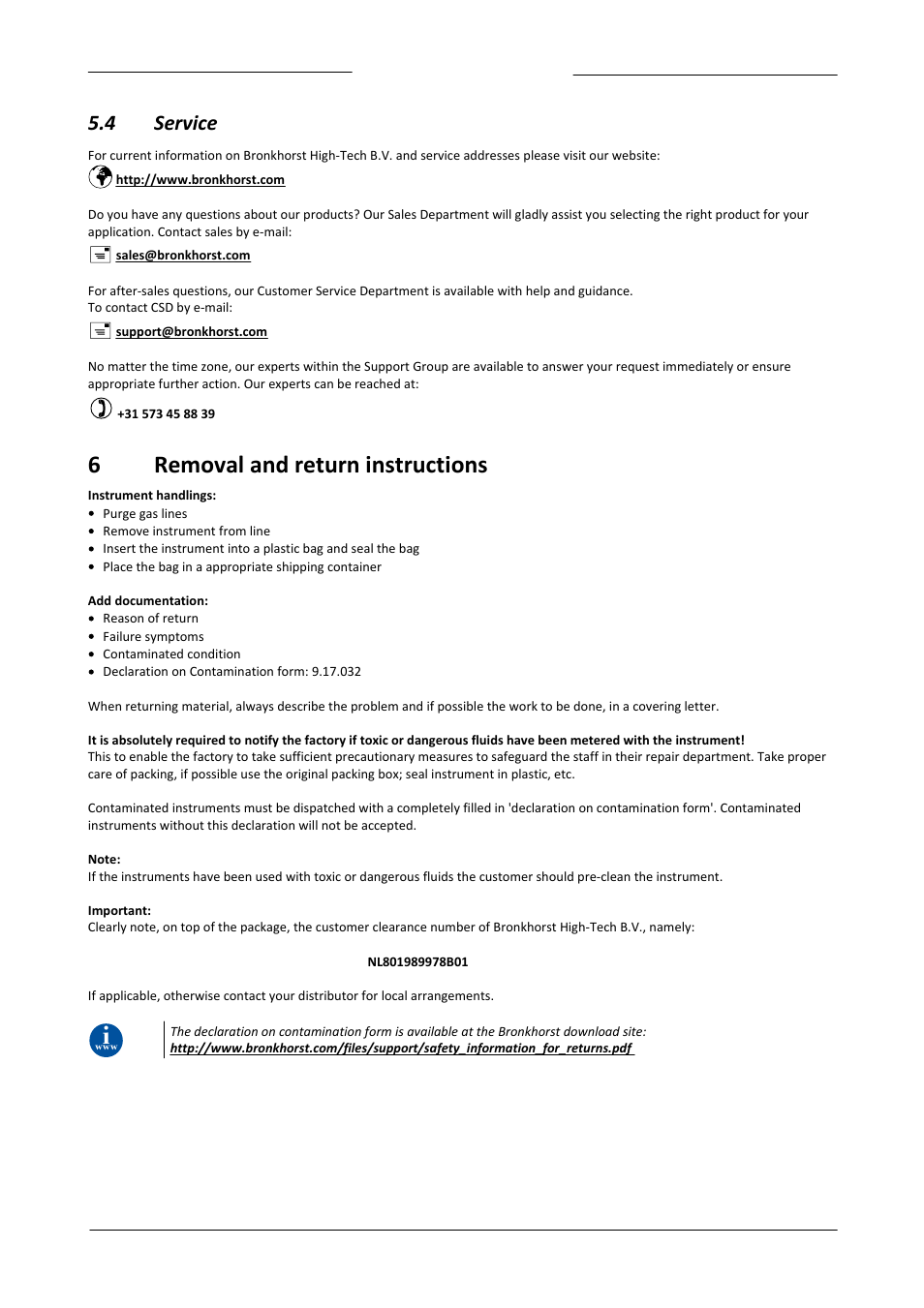 4 service, 6 removal and return instructions, Service | Removal and return instructions, 6removal and return instructions | Bronkhorst LIQUI-FLOW mini (from 01-07-2013) User Manual | Page 29 / 29