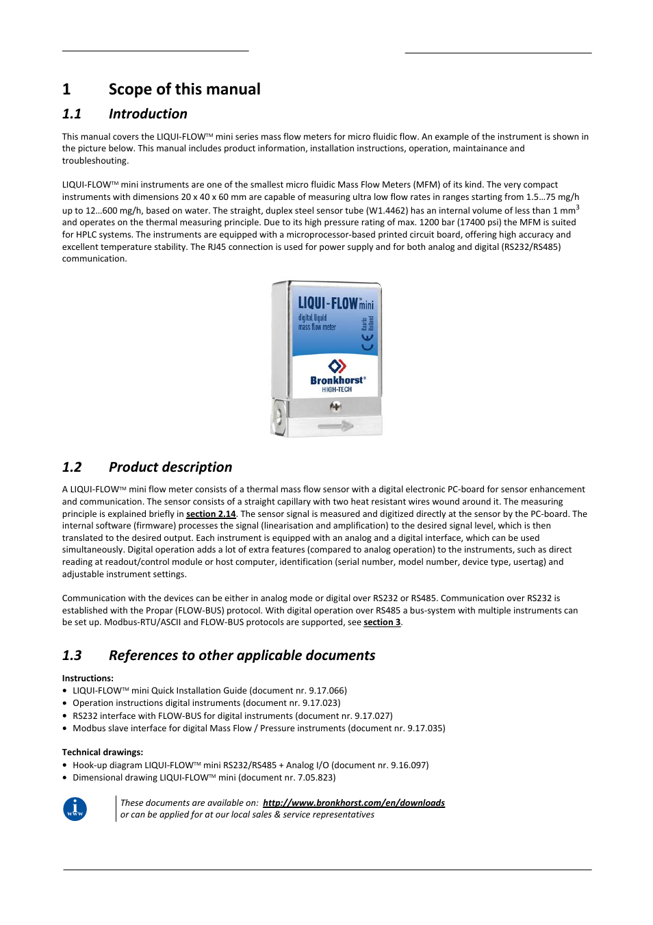 1 scope of this manual, 1 introduction, 2 product description | 3 references to other applicable documents, Scope of this manual, Introduction, Product description, References to other applicable documents, 1scope of this manual | Bronkhorst LIQUI-FLOW mini (from 01-07-2013) User Manual | Page 6 / 29