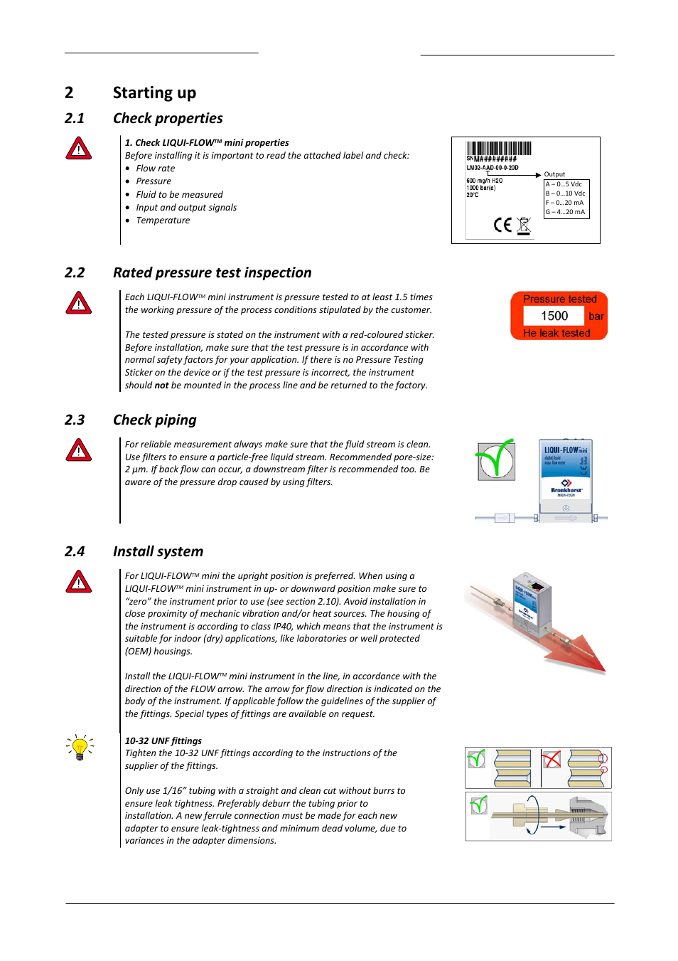 2 starting up, 1 check properties, 2 rated pressure test inspection | 3 check piping, 4 install system, Starting up, Check properties, Rated pressure test inspection, Check piping, Install system | Bronkhorst LIQUI-FLOW mini (from 01-07-2013) User Manual | Page 7 / 29