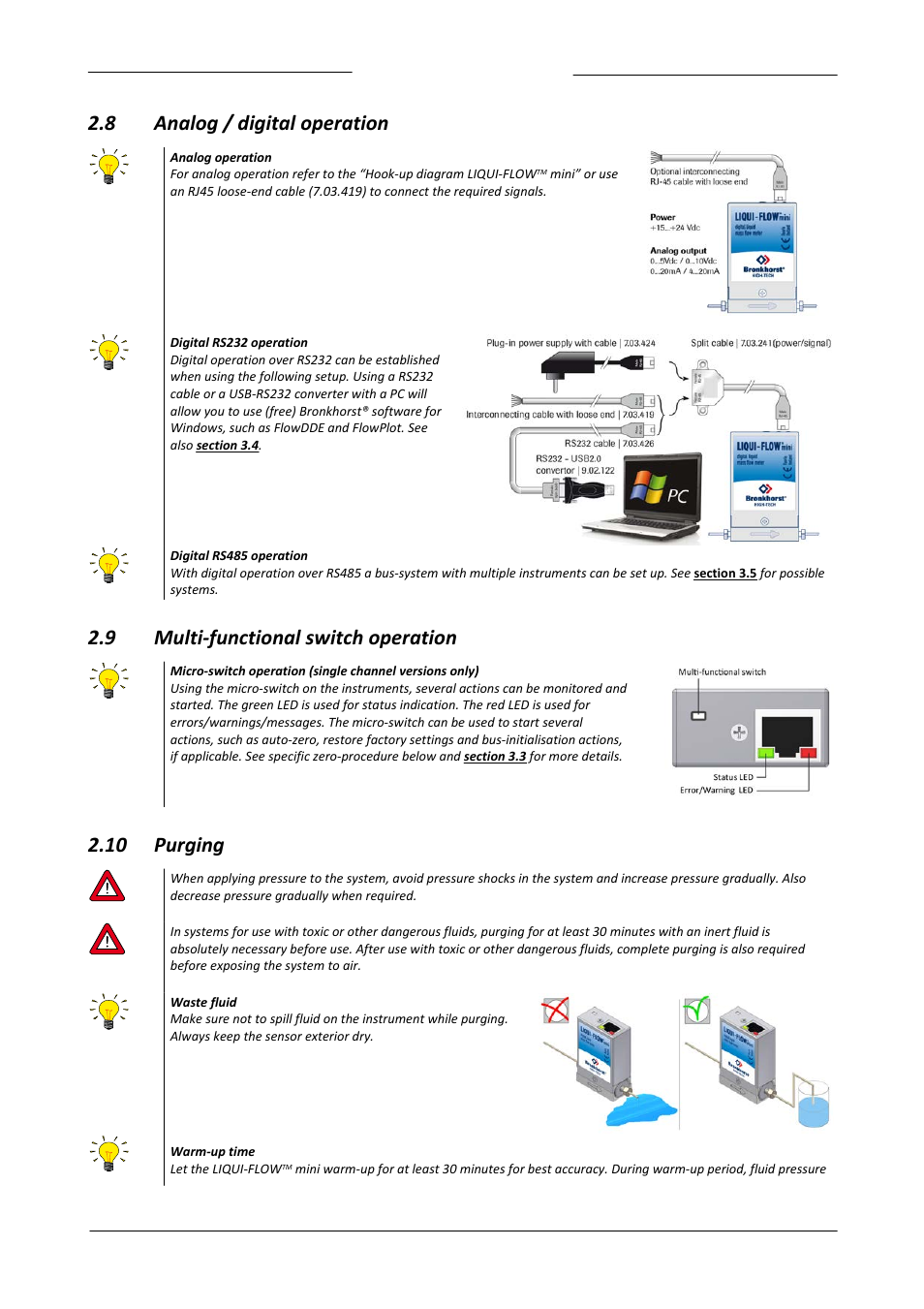 8 analog / digital operation, 9 multi-functional switch operation, 10 purging | Analog / digital operation, Multi-functional switch operation, Purging | Bronkhorst LIQUI-FLOW mini (from 01-07-2013) User Manual | Page 9 / 29