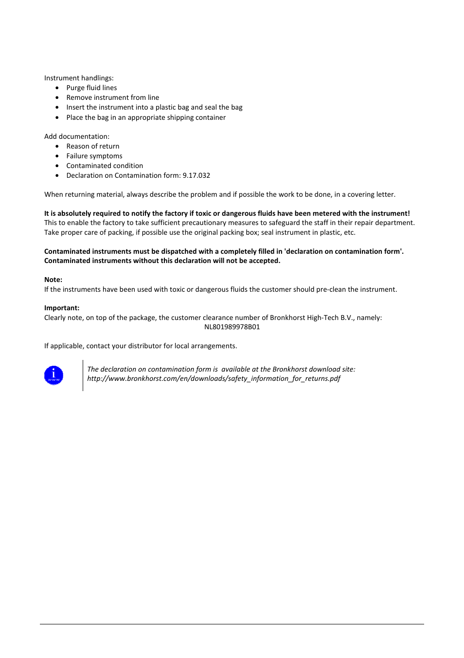 6 removal and return instructions | Bronkhorst LIQUI-FLOW mini (till 01-07-2013) User Manual | Page 21 / 21