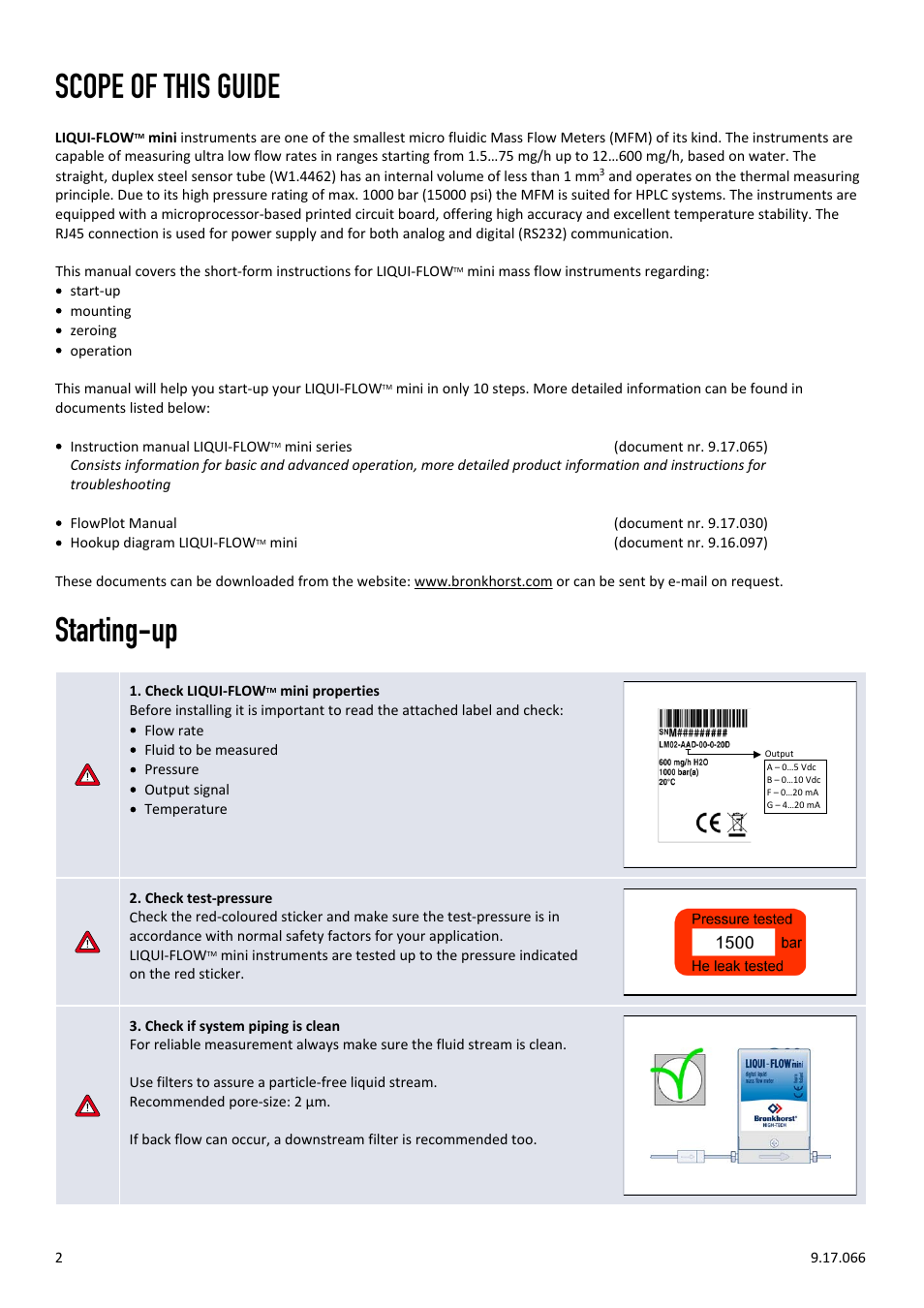 Scope of this guide, Starting-up | Bronkhorst LIQUI-FLOW mini Quick Start User Manual | Page 2 / 4