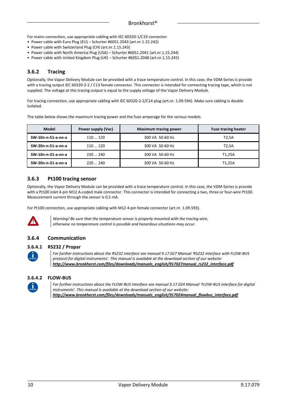2 tracing, 3 pt100 tracing sensor, 4 communication | 1 rs232 / propar, 2 flow-bus, Tracing, Pt100 tracing sensor, Communication, Rs232 / propar, Flow-bus | Bronkhorst Vapor Delivery Module User Manual | Page 10 / 24