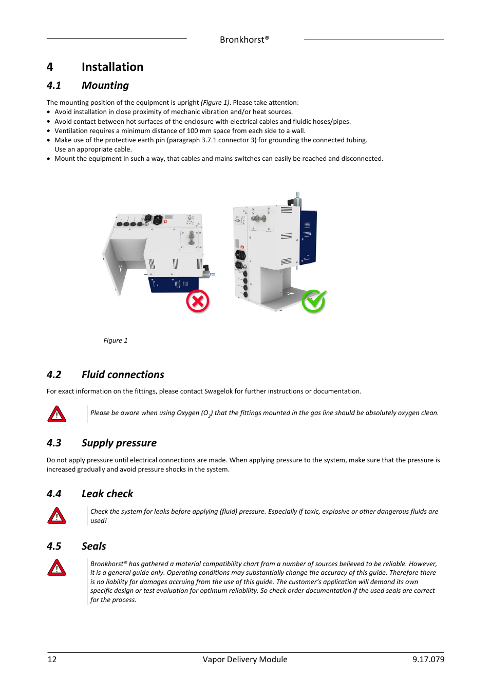 4 installation, 1 mounting, 2 fluid connections | 3 supply pressure, 4 leak check, 5 seals, Installation, Mounting, Fluid connections, Supply pressure | Bronkhorst Vapor Delivery Module User Manual | Page 12 / 24