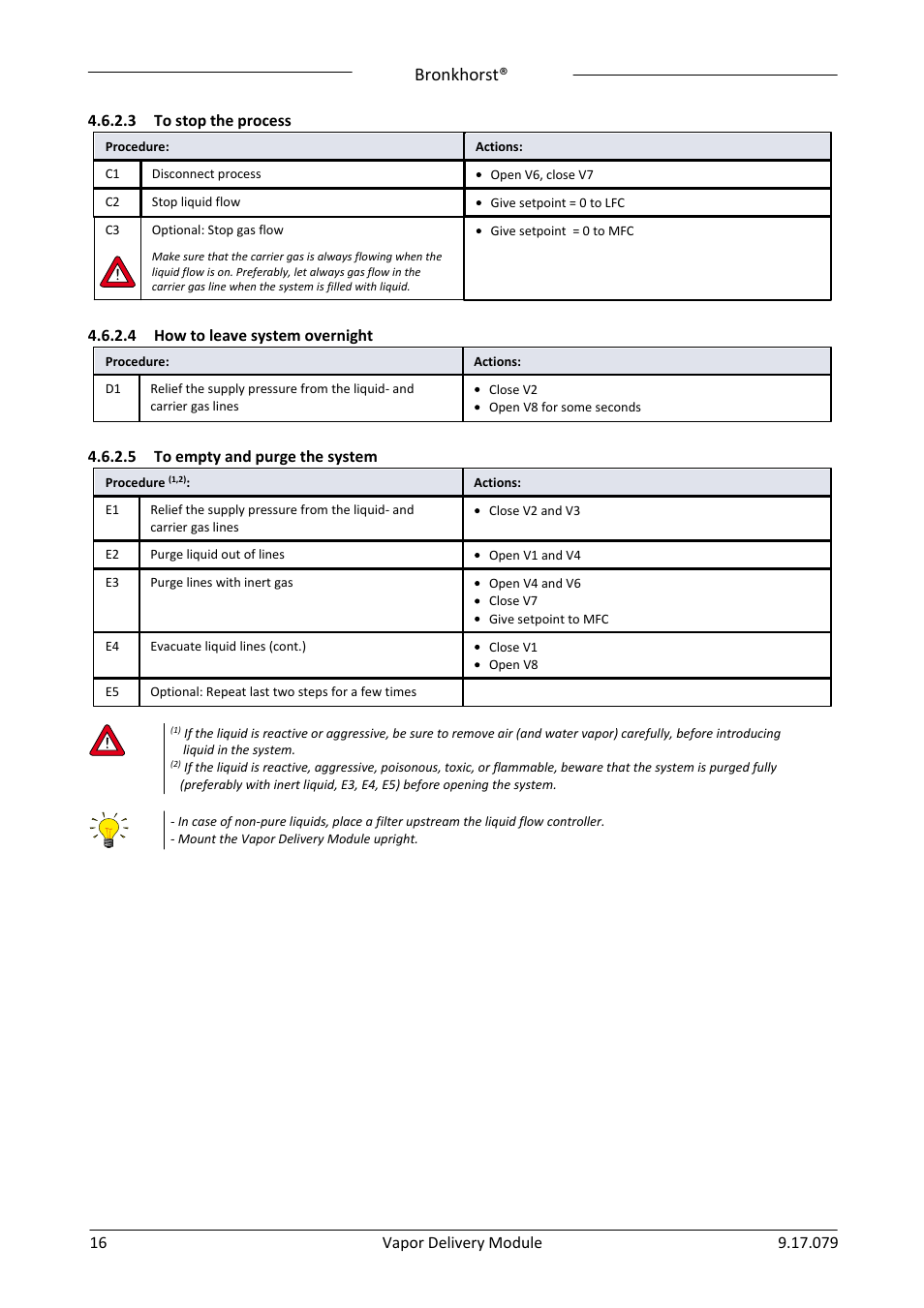 3 to stop the process, 4 how to leave system overnight, 5 to empty and purge the system | To stop the process, How to leave system overnight, To empty and purge the system, Bronkhorst | Bronkhorst Vapor Delivery Module User Manual | Page 16 / 24