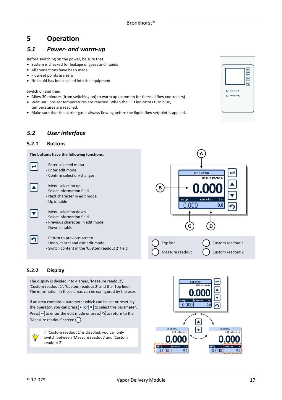 5 operation, 1 power- and warm-up, 2 user interface | 1 buttons, 2 display, Operation, Power- and warm-up, User interface, Buttons, Display | Bronkhorst Vapor Delivery Module User Manual | Page 17 / 24
