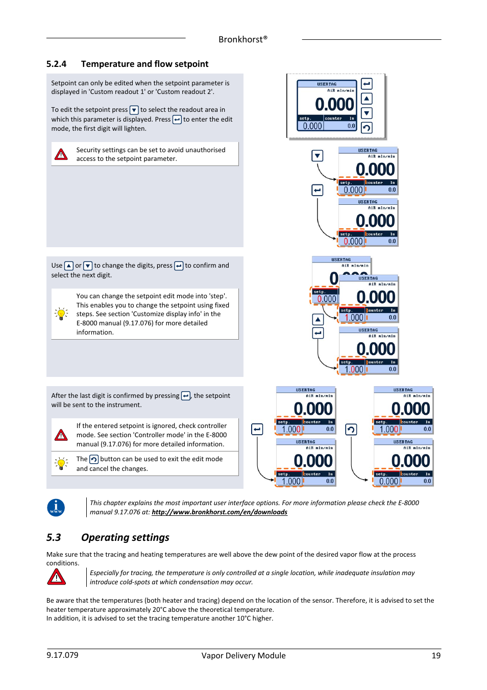 4 temperature and flow setpoint, 3 operating settings, Temperature and flow setpoint | Operating settings, Bronkhorst | Bronkhorst Vapor Delivery Module User Manual | Page 19 / 24
