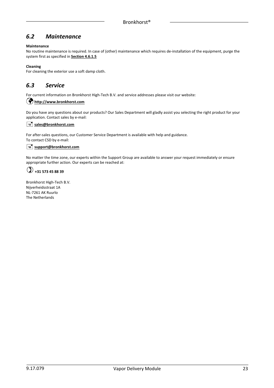 2 maintenance, 3 service, Maintenance | Service | Bronkhorst Vapor Delivery Module User Manual | Page 23 / 24