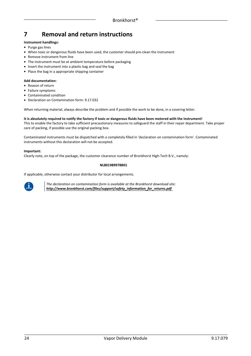 7 removal and return instructions, Removal and return instructions, 7removal and return instructions | Bronkhorst Vapor Delivery Module User Manual | Page 24 / 24