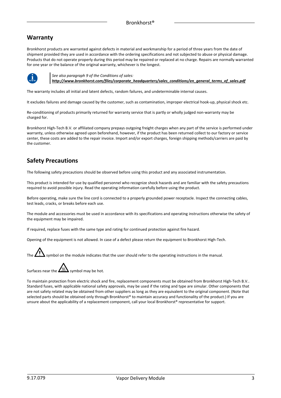 Warranty, Safety precautions, Bronkhorst | Bronkhorst Vapor Delivery Module User Manual | Page 3 / 24