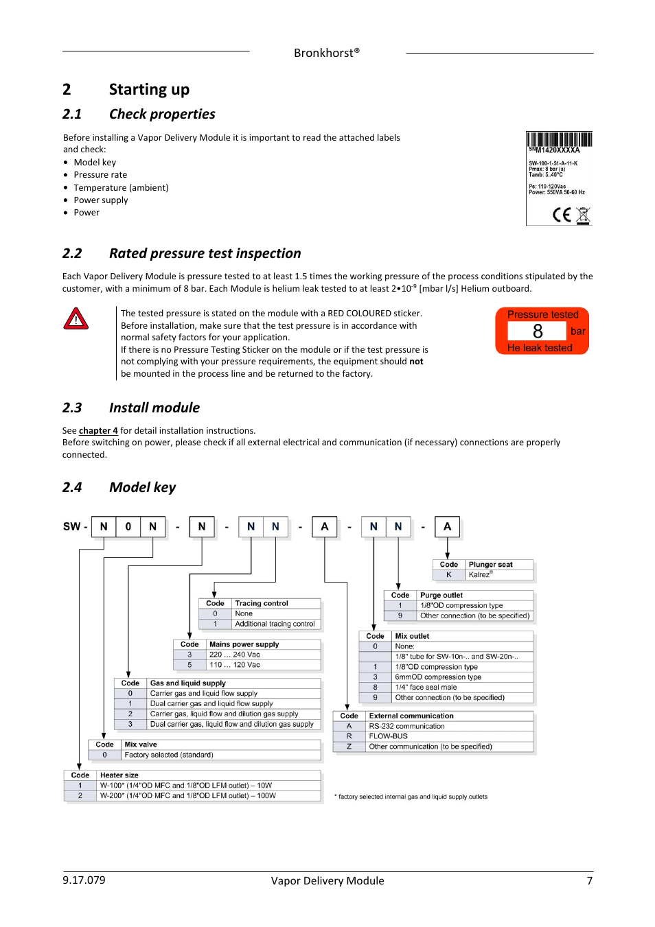 2 starting up, 1 check properties, 2 rated pressure test inspection | 3 install module, 4 model key, Starting up, Check properties, Rated pressure test inspection, Install module, Model key | Bronkhorst Vapor Delivery Module User Manual | Page 7 / 24