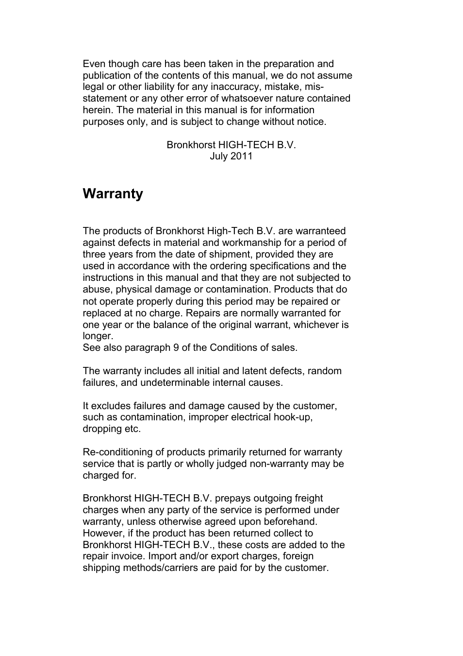 Warranty | Bronkhorst CEM W-300B User Manual | Page 3 / 23