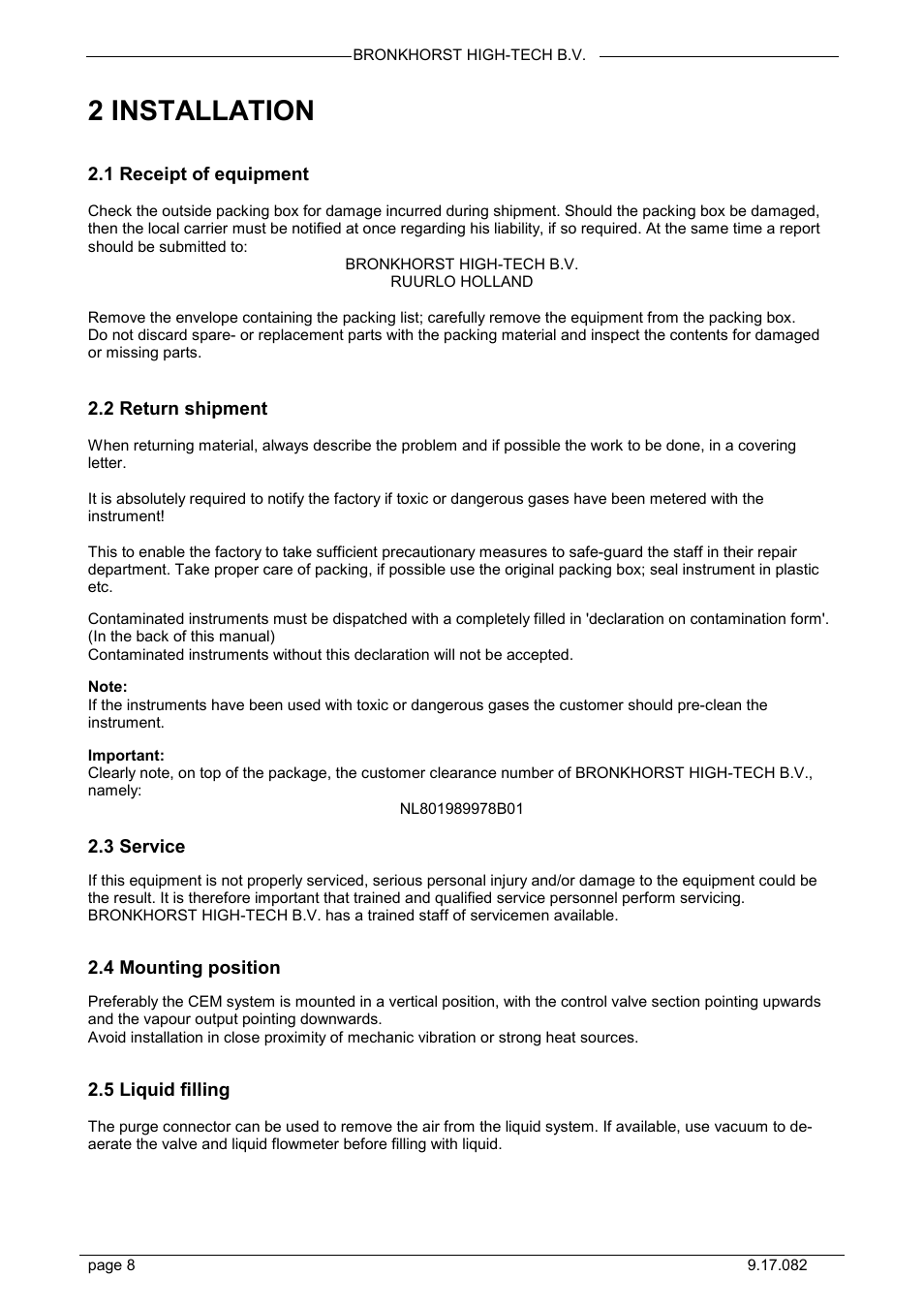 2 installation, 1 receipt of equipment, 2 return shipment | 3 service, 4 mounting position, 5 liquid filling | Bronkhorst CEM W-300B User Manual | Page 8 / 23