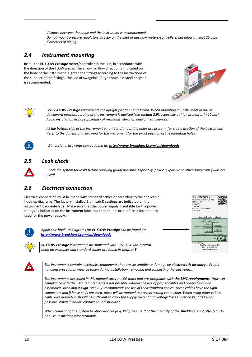 Instrument mounting, Leak check, Electrical connection | 4 instrument mounting, 5 leak check, 6 electrical connection | Bronkhorst EL-FLOW Prestige User Manual | Page 10 / 49