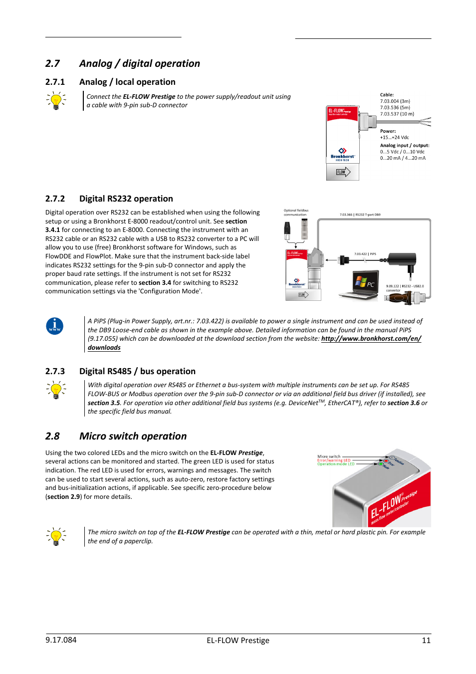 Analog / digital operation, Analog / local operation, Digital rs232 operation | Digital rs485 / bus operation, Micro switch operation, 7 analog / digital operation, 8 micro switch operation | Bronkhorst EL-FLOW Prestige User Manual | Page 11 / 49