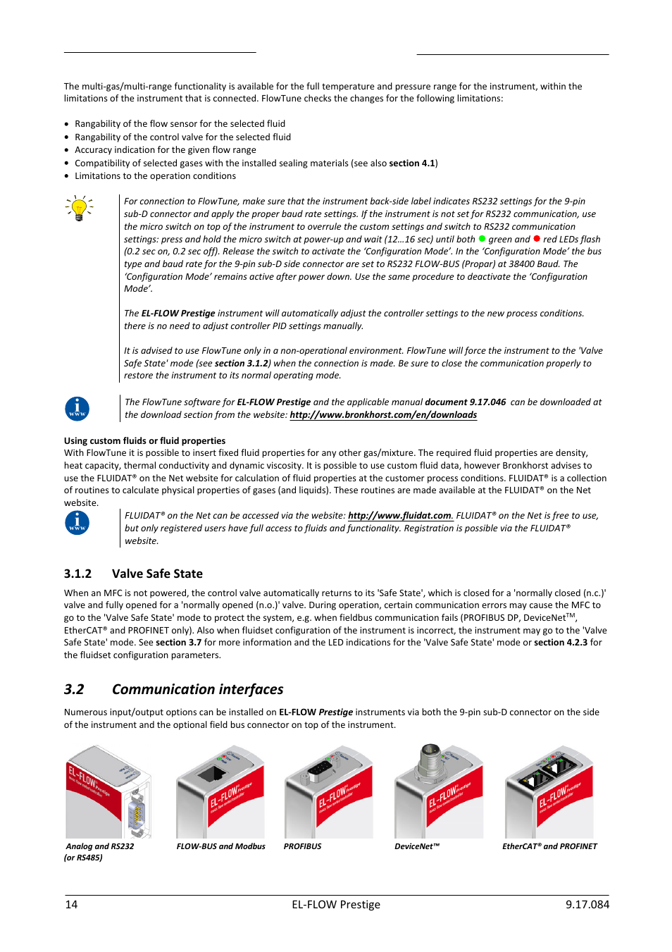 Valve safe state, Communication interfaces, 2 communication interfaces | 2 valve safe state | Bronkhorst EL-FLOW Prestige User Manual | Page 14 / 49