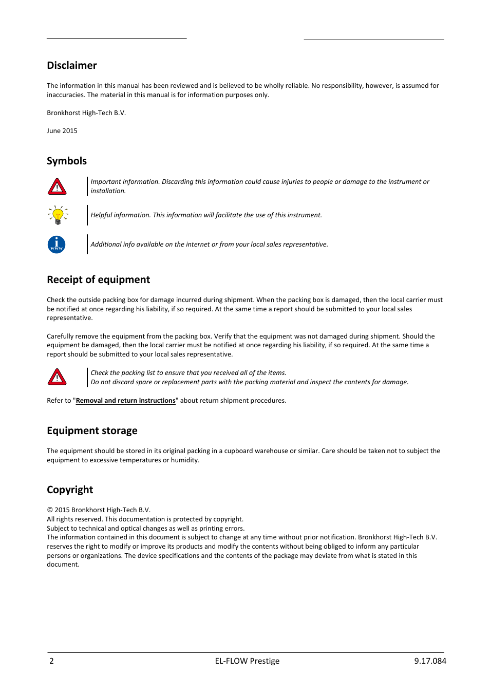 Disclaimer, Symbols, Receipt of equipment | Equipment storage, Copyright | Bronkhorst EL-FLOW Prestige User Manual | Page 2 / 49