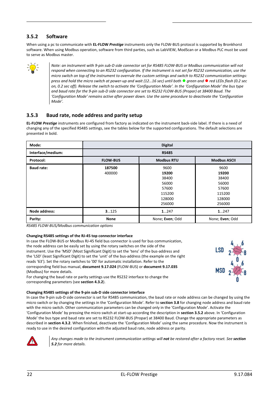 Software, Baud rate, node address and parity setup, 2 software | 3 baud rate, node address and parity setup | Bronkhorst EL-FLOW Prestige User Manual | Page 22 / 49